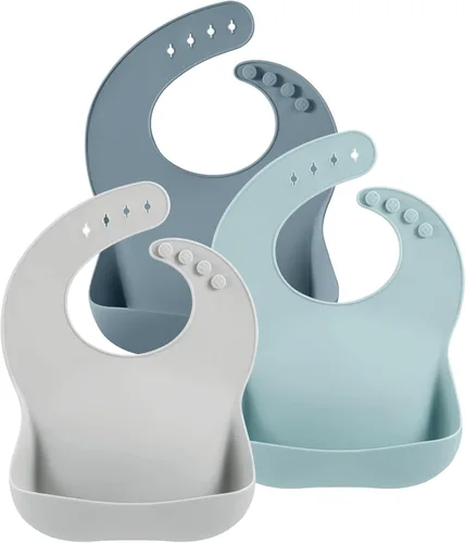 PandaEar Paquete de 3 baberos de silicona para niños y niñas para bebés y niños pequeños, babero de alimentación impermeable con recogedor de Azul y