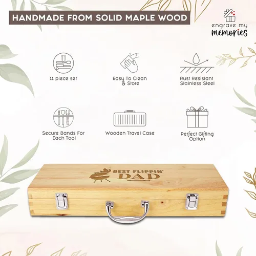 Miniatura 8 de Juego de parrilla BBQ de 11 piezas con caja de madera de arce grabada, herramientas de barbacoa de acero inoxidable premium con mangos de madera