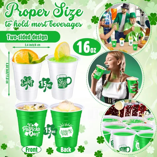 Miniatura 2 de Jingmore 30 vasos de plástico para el día de San Patricio, 16 onzas, color blanco y verde, trébol de la suerte, vasos desechables para el día de San