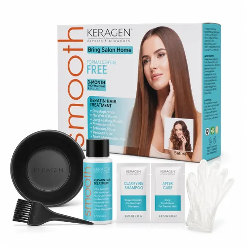 KERAGEN At-Home Kit de tratamiento de alisado de queratina, soplado exprés sin formaldehído para cabello grueso y encrespado | Tiempo de espera de 0