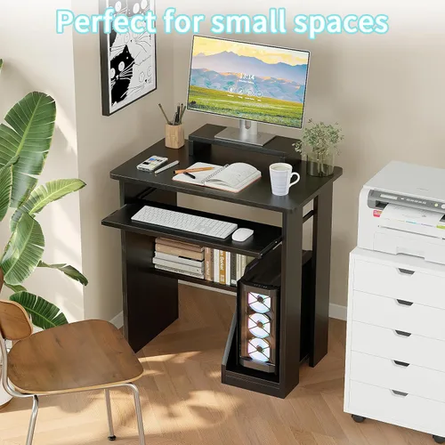 Miniatura 4 de ALISENED Escritorio pequeño de 76 cm para computadora con bandeja para teclado y soporte para monitor, escritorio de estudio y escritura