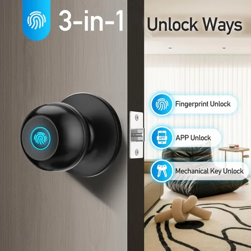 Miniatura 3 de Cerradura de puerta de huella dactilar, perilla de puerta inteligente con cerradura, cerradura de puerta biométrica con control por aplicación