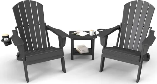 Miniatura 12 de Juego de sillas plegables Adirondack de 3 piezas, respaldo extra alto de 38 pulgadas y grano de madera en relieve, muebles de patio de polietileno