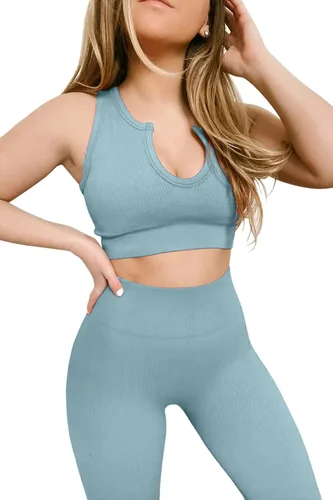 Miniatura 5 de QINSEN Conjuntos de entrenamiento para mujer, 2 piezas, acanalados, sin costuras, sin mangas, cintura alta, leggings de yoga