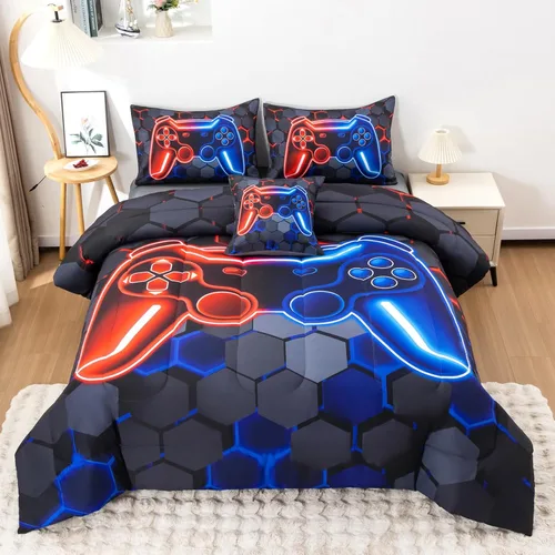 Miniatura 10 de Juego de edredón de 6 piezas para niños y adolescentes, niños y niñas, cama temática de videojuegos con grafitis de colores en una bolsa