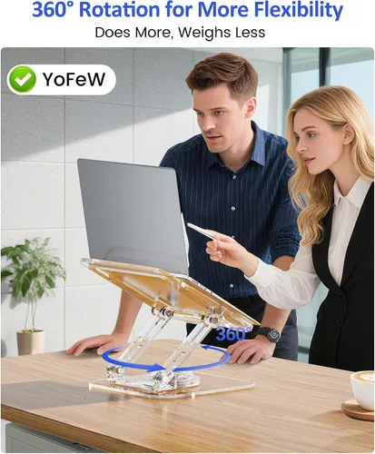 Miniatura 3 de Soporte para computadora portátil para escritorio, elevador acrílico transparente ajustable y plegable con base giratoria de 360°, soporte