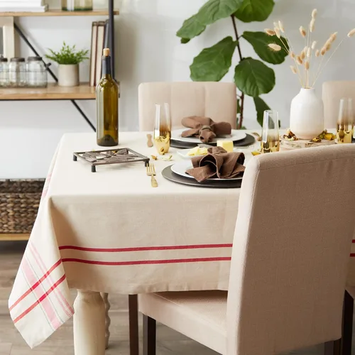 Miniatura 4 de DII - Mantel para mesa de comedor, estilo rústico, colección de manteles con rayas estilo francés, 60 x 84 pulgadas, color gris pardo/rojo