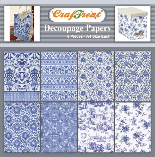 CrafTreat Chinoiserie - Papel de decoupage floral A4 (8.3 x 11.7 pulgadas), 8 hojas de papel de manualidades impreso estilo vintage para muebles,
