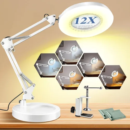 Miniatura 8 de 12 lupas con luz y soporte, 144 LED más brillantes, 10 brillo regulable, 5 modos de color, lámpara de escritorio de metal manos libres para lectura
