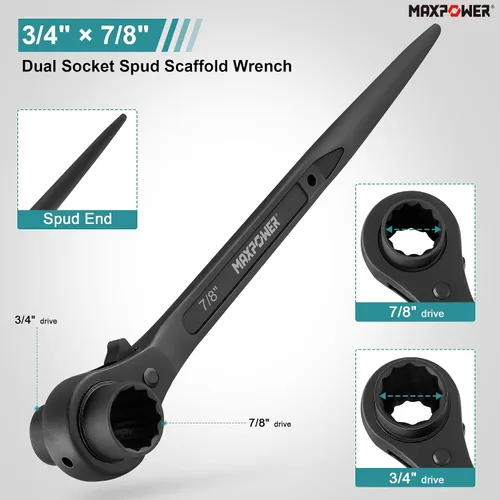 Miniatura 3 de MAXPOWER Juego de 2 piezas de llave de trinquete Spud para andamio, llave de Spud de doble enchufe de 7/8 pulg x 3/4 pulg, llave de enchufe métrica