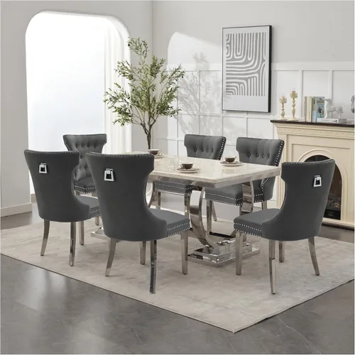 Miniatura 41 de adochr Juego de 2 sillas de comedor de terciopelo, sillas de cocina tapizadas con patas de metal, respaldo abotonado moderno con anillo de tracción