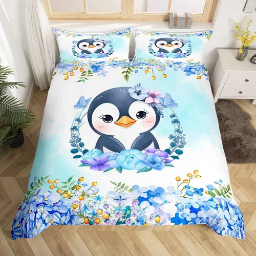 Manfei Juego de funda de edredón de pingüino de dibujos animados para niños, tamaño King, bonito juego de ropa de cama de animales de poste ártico,
