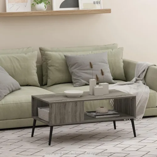 Miniatura 2 de Furinno Claude - Mesa de centro estilo mediados de siglo con patas de madera, color gris roble francés, parte superior grande sin elevación