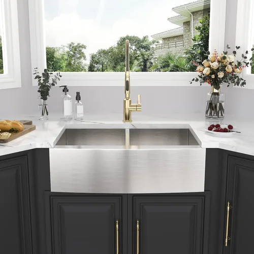 Miniatura 4 de Kichae 33 Farm Sink Double Bowl - Delantal de fregadero de granja de 33 pulgadas, delantal frontal de doble tazón, acero inoxidable 50/50, calibre