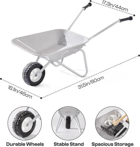 Miniatura 2 de ROBUD Herramientas de jardinería para niños, juego de juguetes al aire libre con carretilla para niños, 9 piezas de carretilla de metal para niños