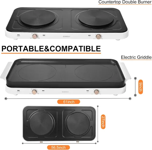 Miniatura 6 de AEWHALE Quemadores dobles para encimera con sartén extraíble antiadherente, placa caliente eléctrica de 1800 W, temperatura ajustable