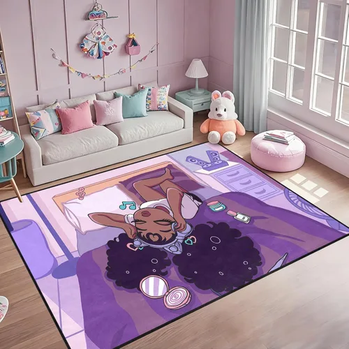 Miniatura 52 de Alfombra de área para dormitorio de niñas negras africanas, alfombra para sala de estar, sala de juegos, azul, lindo anime de dibujos animados