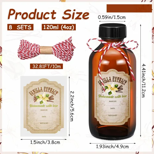 Miniatura 2 de Uiifan 8 piezas botellas de extracto de vainilla Boston redondas con tapas, botella de vidrio y 8 piezas etiquetas de extracto de vainilla