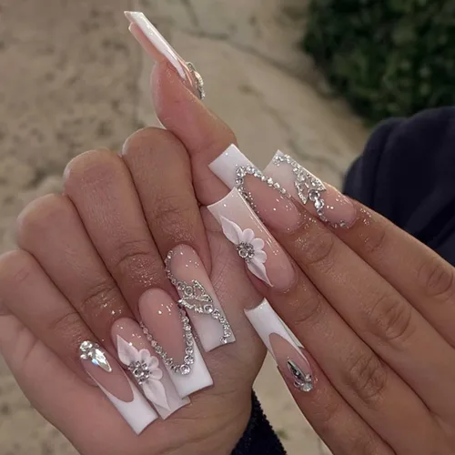 Miniatura 5 de Puntas de Uñas Francesas Rosadas Bailarina Uñas Postizas Largas Cuadradas de Presión Cobertura Completa Uñas Postizas Acrílicas de Mariposa