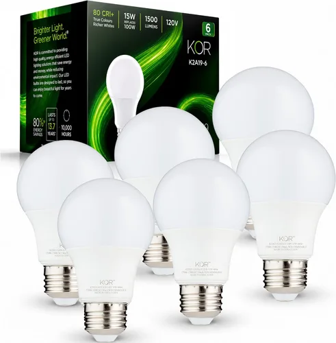 Miniatura 10 de KOR Paquete de 6 bombillas LED A19 de 9 W (equivalente a 60 W), certificación UL, 3000 K (blanco suave), 800 lúmenes, no regulables, bombillas LED