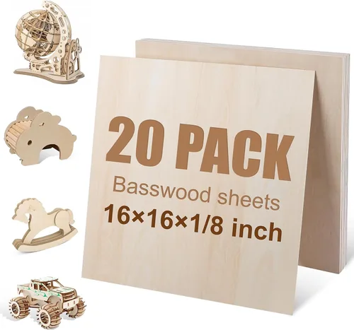 Paquete de 20 hojas de tilo de 16 x 16 x 1/8 pulgadas, madera de tilo de 0.118 in para corte y grabado láser, tablero fino de madera contrachapada