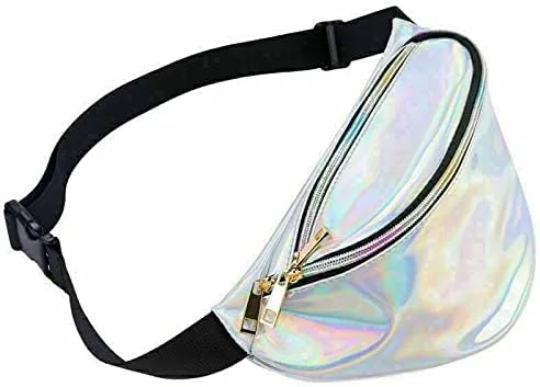 Elegante mujer iridiscente holograma riñonera brillante metálico cintura bolsa punk chica para festival rave senderismo correr ciclismo, plateado,