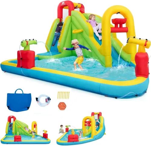Miniatura 9 de BOUNTECH - Juego inflable 7 en 1, con tobogán acuático, pared de escalada, cañones de agua, aro de baloncesto, alberca poco profunda, incluye bolsa