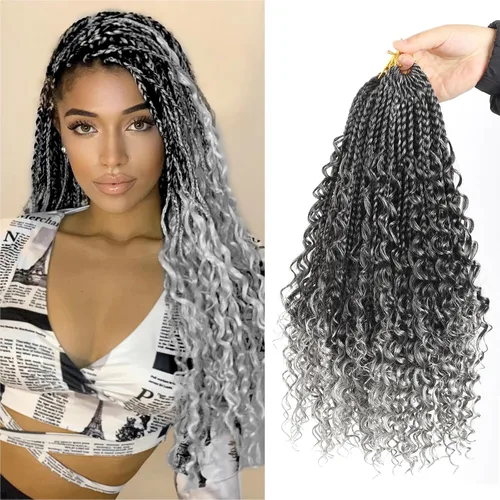 Miniatura 40 de Goddess Box Braids - Trenzas de cabello a ganchillo con extremos rizados, trenzas de caja bohemianas de 16 pulgadas, trenzas de ganchillo, 8 1B-4-30
