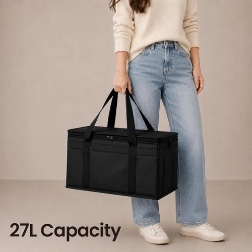 Miniatura 82 de NZ home Bolsa térmica XXL aislada y calentador de alimentos para entrega y compras de comestibles con parte superior con cremallera, color negro