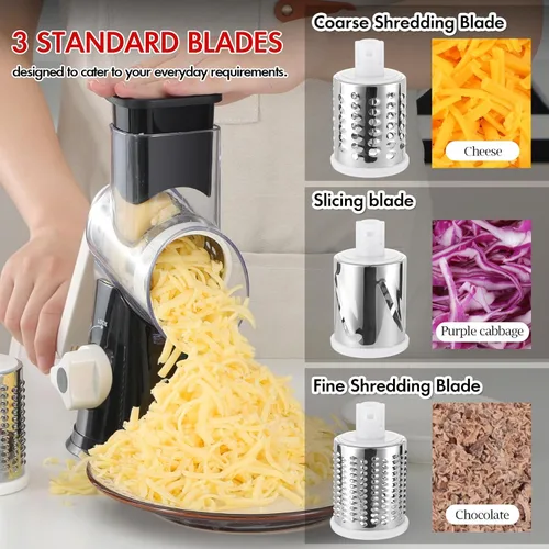 Miniatura 5 de Ourokhome rallador giratorio de queso con manivela manual, triturador de cocina con rebanador de mandolina de velocidad y raspador de hielo con Negro