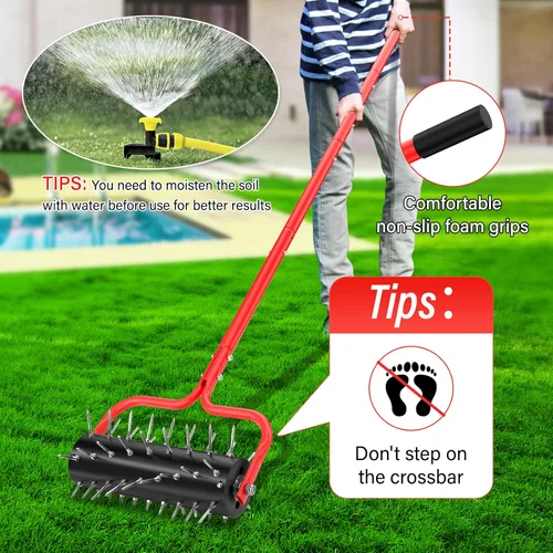 Miniatura 7 de VASALAID Aireador de césped, herramienta de césped rodante resistente con 54 picos prefijados mejorados, aireador de empuje manual para jardín