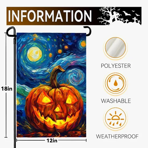 Miniatura 7 de Bandera de jardín de Halloween, bandera de jardín de calabaza Van Gogh, banderas de jardín, artes, cielo nocturno estrellado, luna, bandera