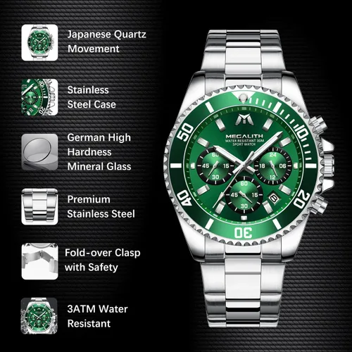 Miniatura 7 de MEGALITH Relojes para hombre, de acero inoxidable, resistente al agua, analógico, de cuarzo, moderno, de negocios, cronógrafo, con fecha automática