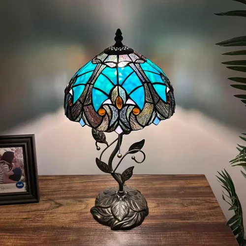 Miniatura 3 de Tiffany - Lámpara de mesa verde y marrón, hierro con hojas de metal, base de bronce, incluye bombilla LED, lámpara de enlace para sala de estar