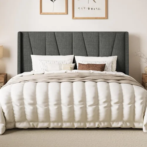 Miniatura 16 de SHA CERLIN Base de cama tamaño King con cabecera geométrica con respaldo de ala, cama de plataforma tapizada con espacio debajo de la cama de 8 Beige