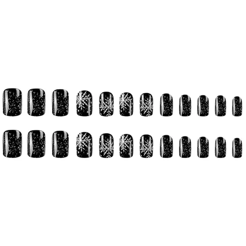 Miniatura 4 de Uñas postizas a presión con copos de nieve, uñas postizas cuadradas cortas de Navidad, uñas acrílicas negras con purpurina, kit de uñas postizas