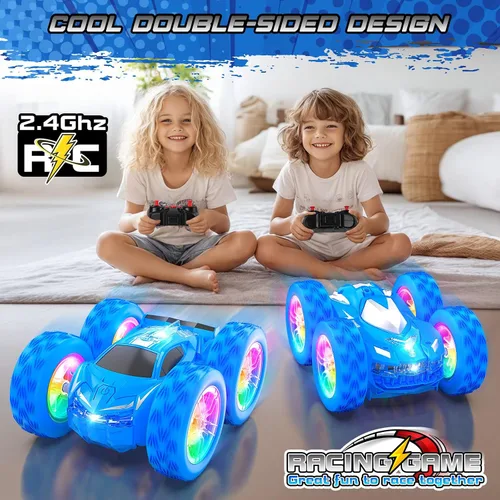 Miniatura 2 de Wupuaait Auto a control remoto para niños, autos de acrobacias a control remoto, juguetes para niños de 4 a 7 años con patrón de doble cara y flash