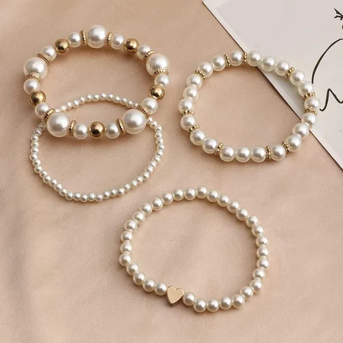Miniatura 4 de Caiyao Temperament Fashion Imitated Pearl apilable capas pulseras declaración grande de perlas de imitación corazón brazalete blanco redondo perla