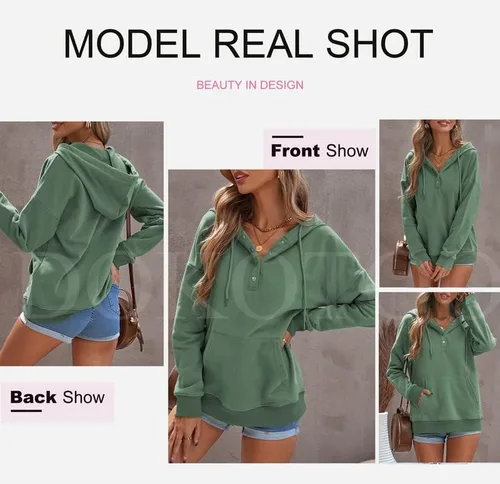 Miniatura 4 de Dokotoo - Sudaderas con capucha para mujer, con cuello de botón y cordón de ajuste, sudaderas casuales de manga larga