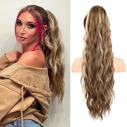 Miniatura 9 de FLUFYMOOZ Extensión de Cola de Caballo, Extensiones de Cabello de Cola de Caballo con Cordón de 26 Pulgadas para Mujeres, Postizo de Cabello