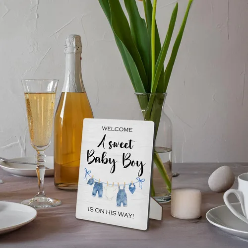 Miniatura 6 de Letrero azul de bienvenida para baby shower, mesa de ducha de niños y bebés, soporte de madera de 5 x 7 pulgadas, decoración de «A Sweet Baby Boy Is