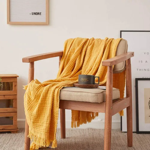 Miniatura 11 de Simple&Opulence Manta de muselina de algodón para cama, sofá, manta de gasa tejida de punto con borlas, suave, ligera, acogedora, prelavada