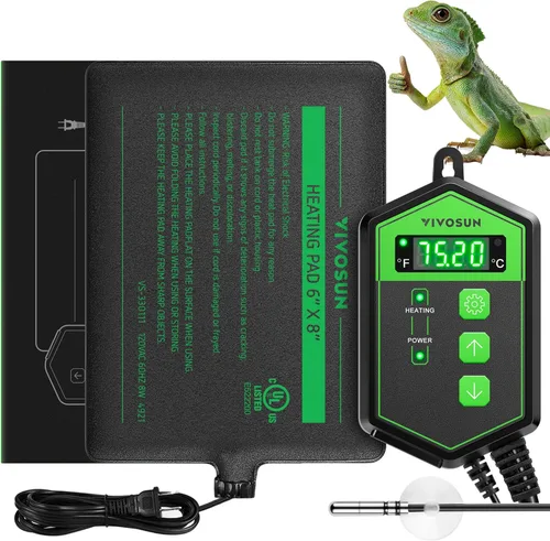 VIVOSUN Alfombrilla térmica para reptiles de 6x8 pulgadas con termostato Combo para tanque debajo del terrario para tortugas, lagartos, ranas y