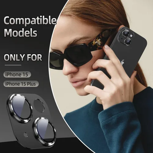 Miniatura 6 de Korecase Protector de lente de cámara para iPhone 15/iPhone 15 Plus, protección contra caídas, resistente a los arañazos, cubierta de cámara de Negro