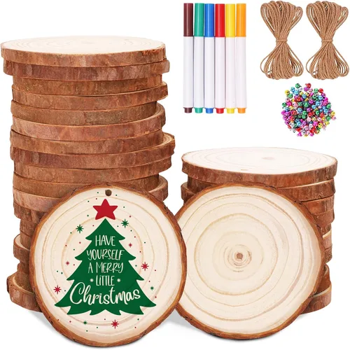 Max Fun Rebanadas de madera natural, 30 piezas de 3.5 a 4 pulgadas, adornos de Navidad de madera sin terminar, preperforados, círculos de madera