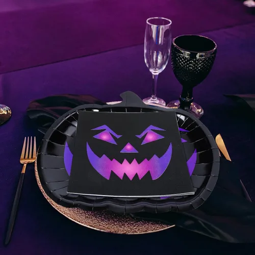 Miniatura 7 de Whaline 24 platos y servilletas de papel de calabaza de Halloween, platos desechables espeluznantes de cara de calabaza negra y morada, decoración