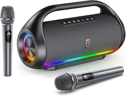 HWWR Altavoz Bluetooth portátil con 2 micrófonos inalámbricos, sistema de altavoces portátiles ruidosos, graves profundos, corte de eco y voz, IPX5