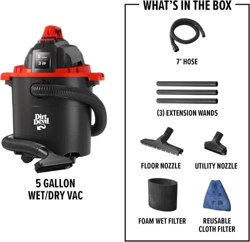 Miniatura 7 de Dirt Devil Aspiradora de taller con cable de 5 galones, portátil, resistente para garaje, hogar, taller o vehículo, diseño compacto con herramientas