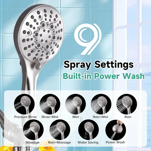 Miniatura 2 de BRIGHT SHOWERS Cabezal de ducha de alta presión con mango, 9 ajustes de pulverización, cabezal de ducha con lavado a presión integrado para limpiar