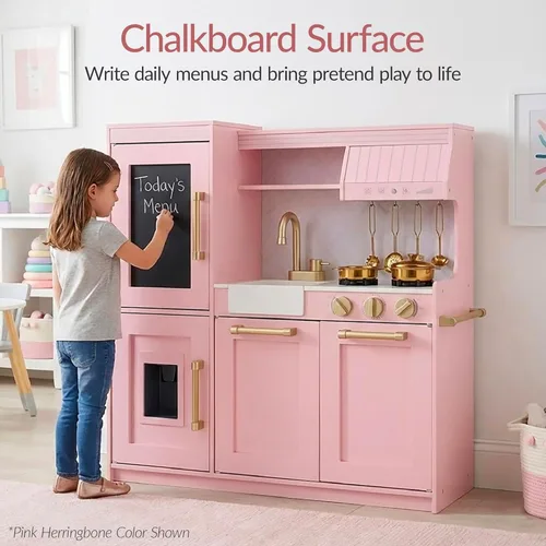 Miniatura 3 de Best Choice Products Cocina de juego de simulación para niños, juego interactivo de madera para niños, pizarra enmarcada para guardar juguetes, 11